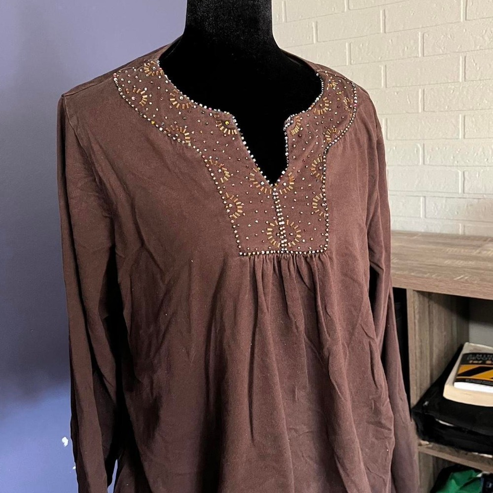 90s Brown Long Sleeve Beaded Top